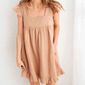 Aerie Ruffle Babydoll Dress Tan/Pink L | Cottagecore Prairiecore Coastal Boho